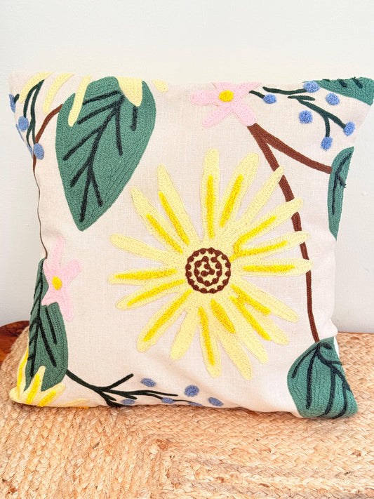 Yellow Flower Embroidery Decorative Cushion Cover – Premium Jute Throw Pillow Cover