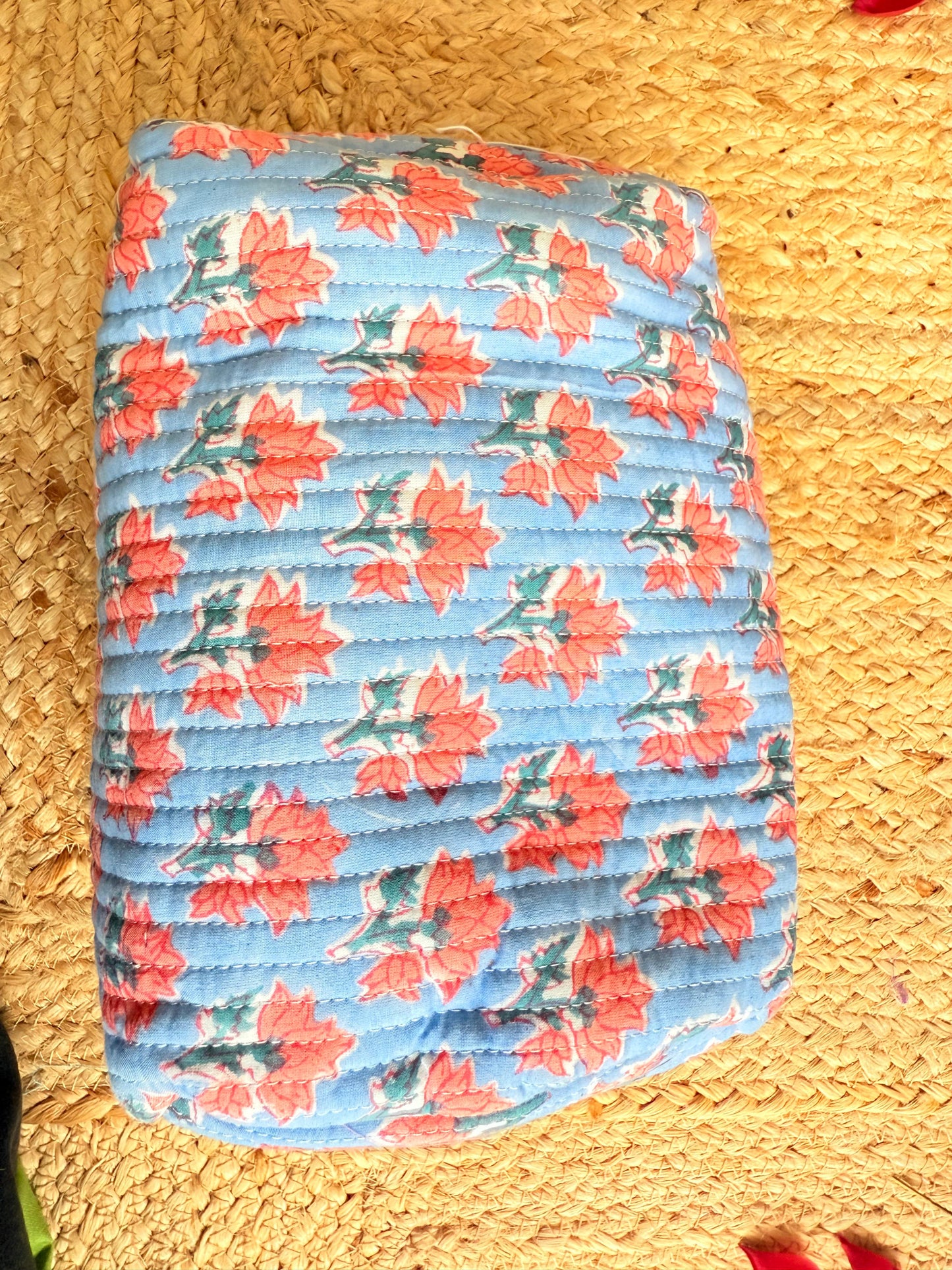 Premium Blue Red Floral Handblock Travel  Pouch Organizer  Set of 3