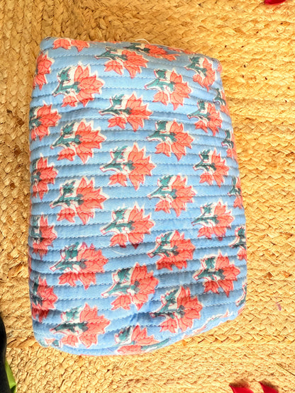 Premium Blue Red Floral Handblock Travel  Pouch Organizer  Set of 3