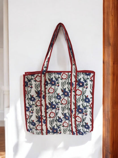 BLOCK N STYLE Red Floral Cotton Printed Tote Bag – Quilted Handblock Women’s Shoulder and Shopping Bag