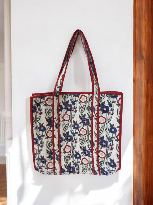 BLOCK N STYLE Red Floral Cotton Printed Tote Bag – Quilted Handblock Women’s Shoulder and Shopping Bag