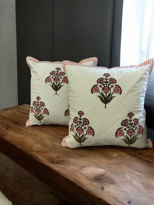 White Pink Quilted Handblock  Cushion Covers