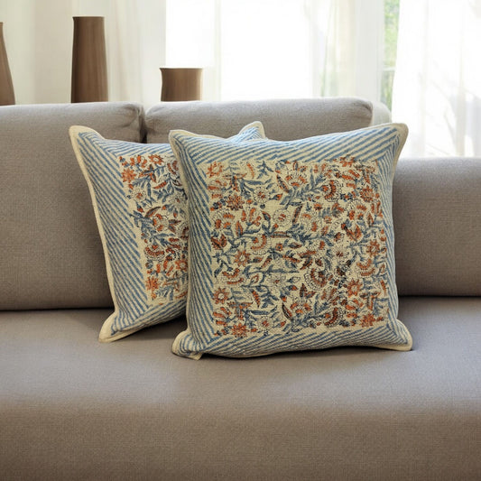 Jute Cushion Cover Set of 2 (Blue and White with Floral Orange)