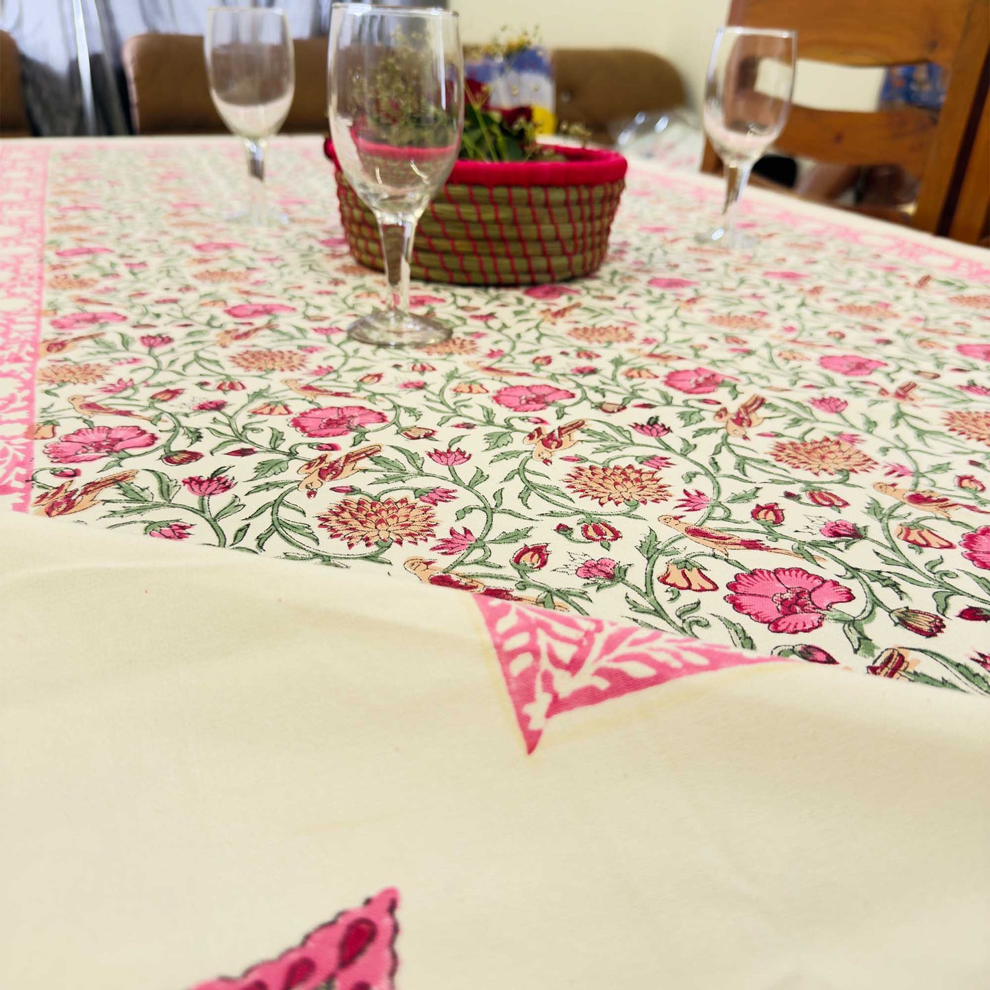 Pink Lotus Hand Block Table Cover – 60 x 90 Inches for 6-Seater Dining Tables