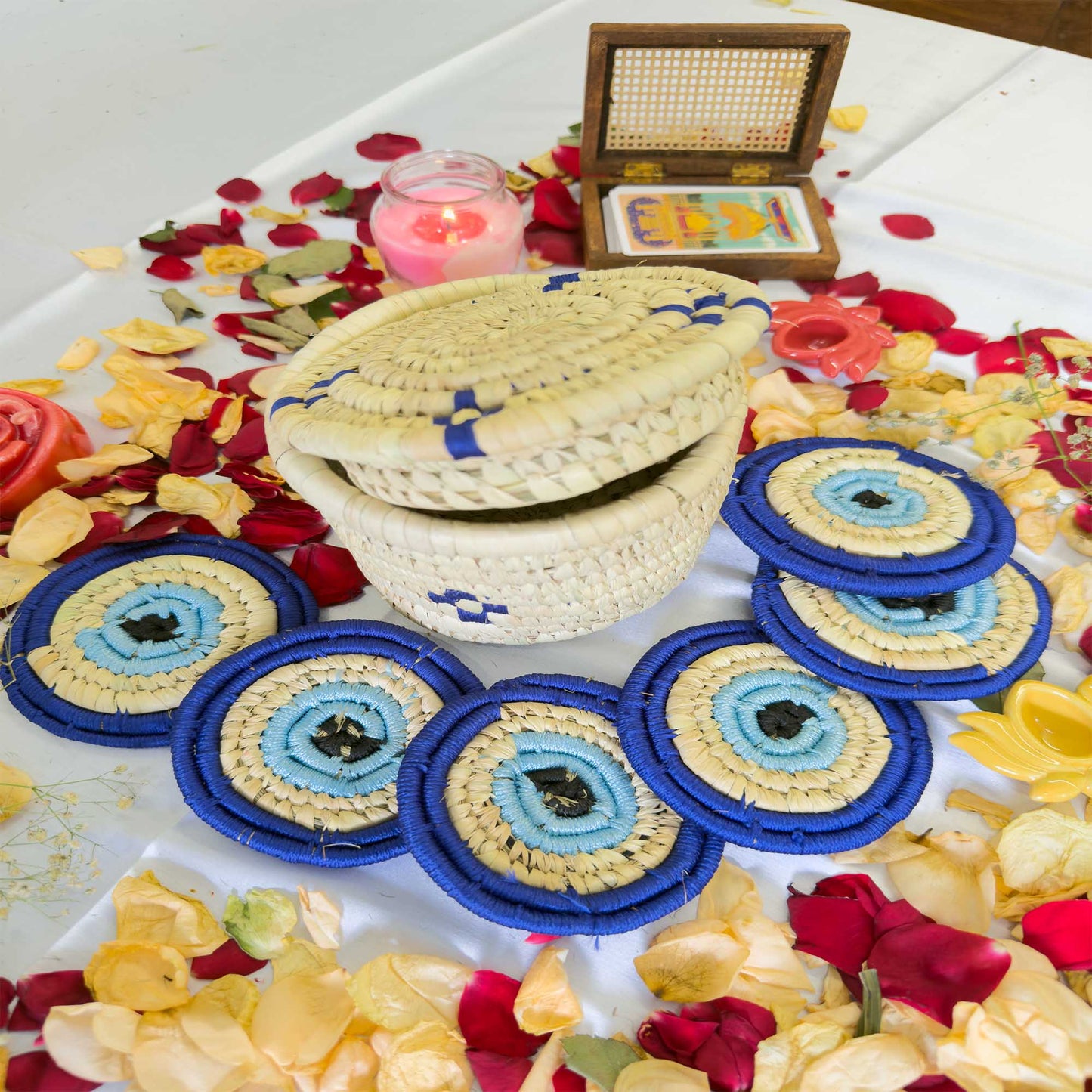 EVIL - EYE Handcrafted Jute Coasters With Sabai Grass Basket (SET OF 6 COASTERS + 1 BASKET)