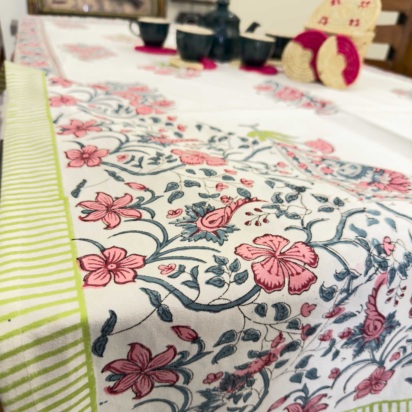 Floral Handblock Table Cover – 60x90 Inches for 6-Seater Dining Tables