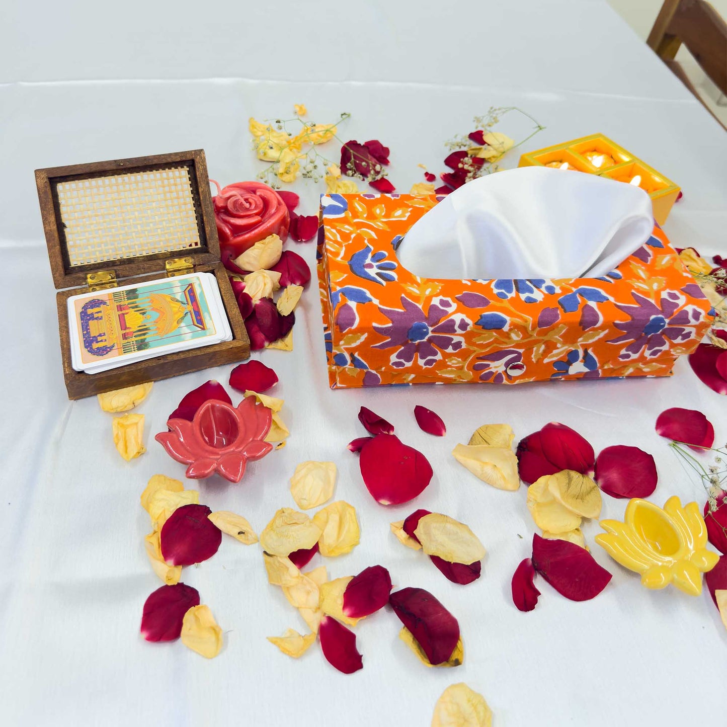 Orange Floral Handblock Tissue Box