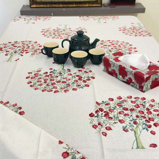 White & Red Cotton Handblock Table Cover – 60x90 Inches for 6-Seater Dining Tables