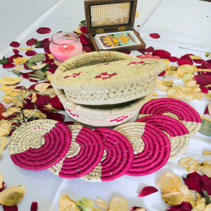 Handcrafted Pink Jute Coasters With Sabai Grass Basket (SET OF 6 COASTERS + 1 BASKET)