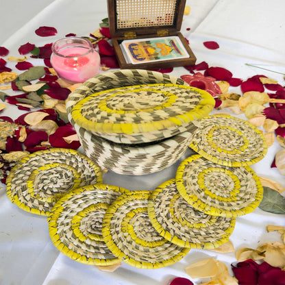 Yellow Handcrafted Jute Coasters With Sabai Grass Basket (SET OF 6 COASTERS + 1 BASKET)
