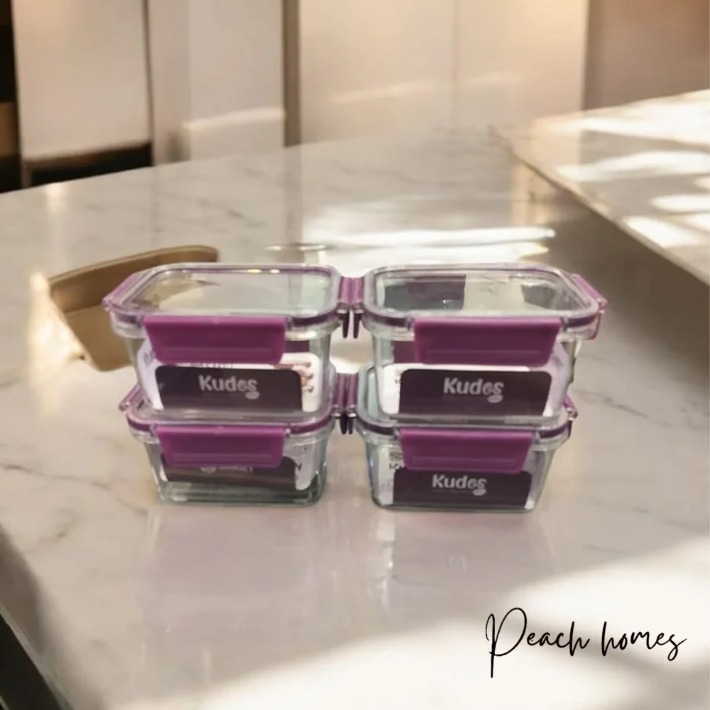 Airtight Flat Storage Containers Set for Kitchen – BPA-Free, Freezer Safe, 450 ml, Purple (Pack of 4) for Pantry Organization