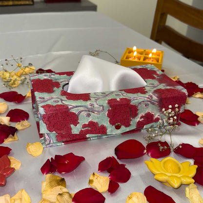 Red Floral Handblock Tissue Box