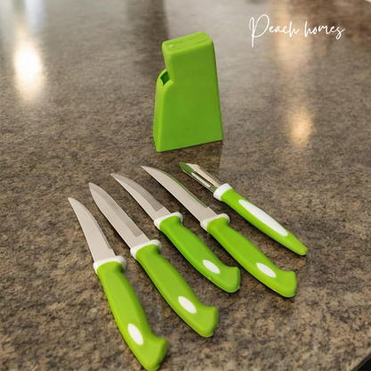 Plastic Kitchen Knife Set with Holder (5-Pieces)