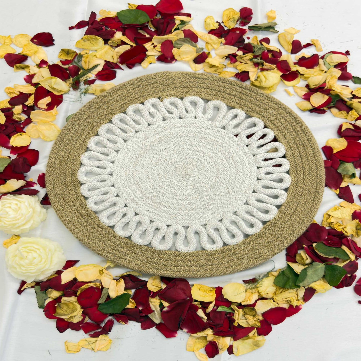 White Centered Flower Jute Table Placemat (Pack of 2) – Eco-Friendly and Stylish