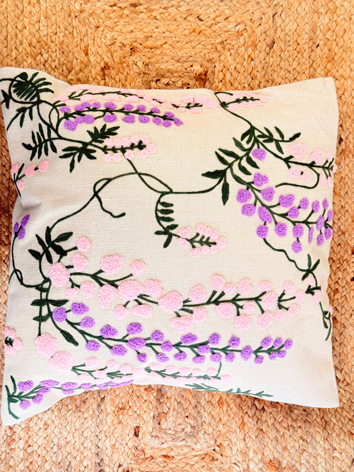 Pastel Purple Pink Embroidered Cushion Cover – Elegant Handcrafted Home Décor