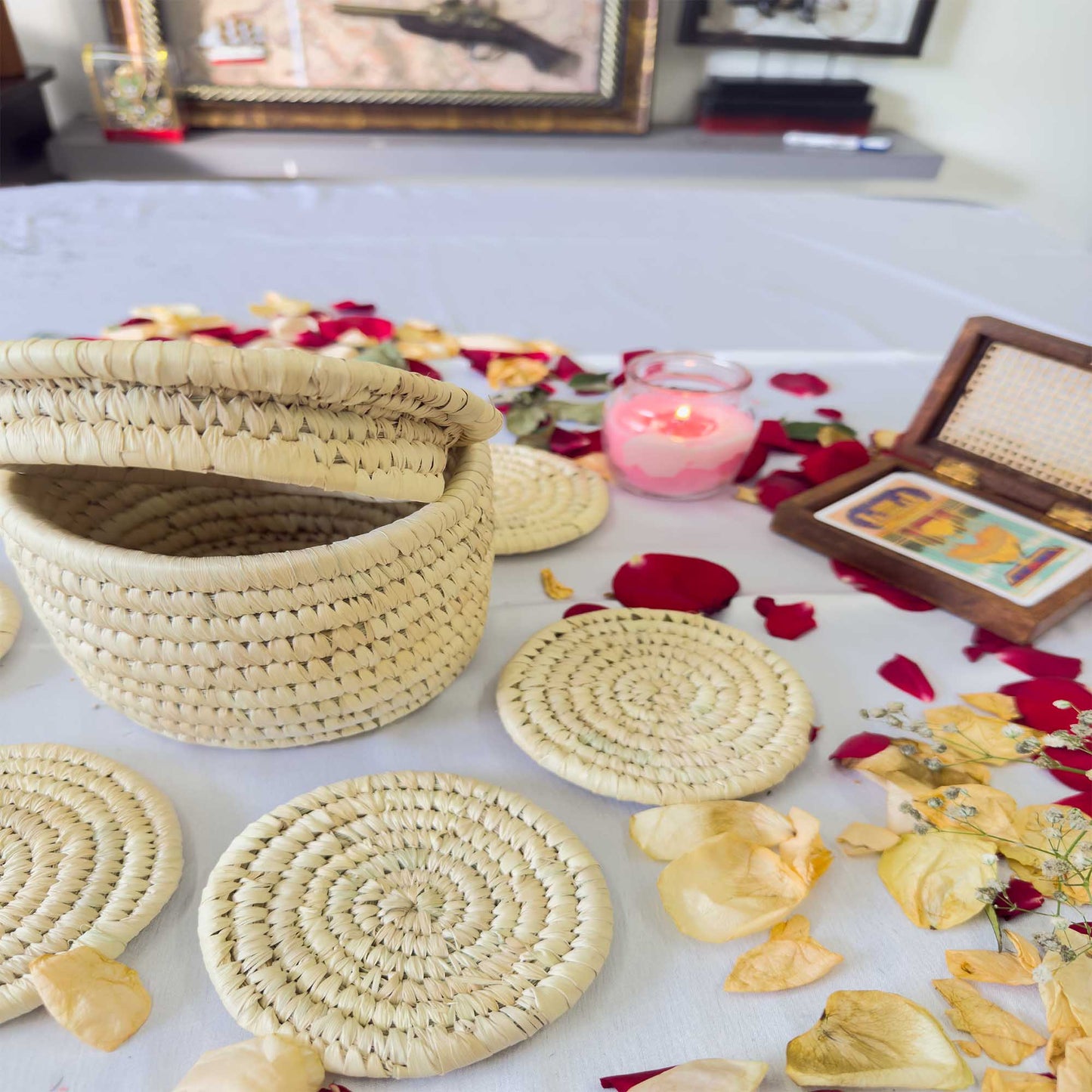 Natural Jute Coaster With Sabai Grass Basket (Set of 6 Coasters +1 Basket)