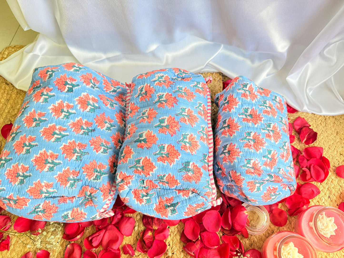 Premium Blue Red Floral Handblock Travel  Pouch Organizer  Set of 3