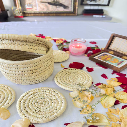 Natural Jute Coaster With Sabai Grass Basket (Set of 6 Coasters +1 Basket)