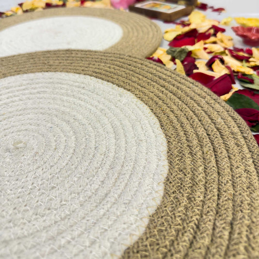 White Centered Jute Circular Border Dining Table Placemat (Pack of 2) – Eco-Friendly and Stylish