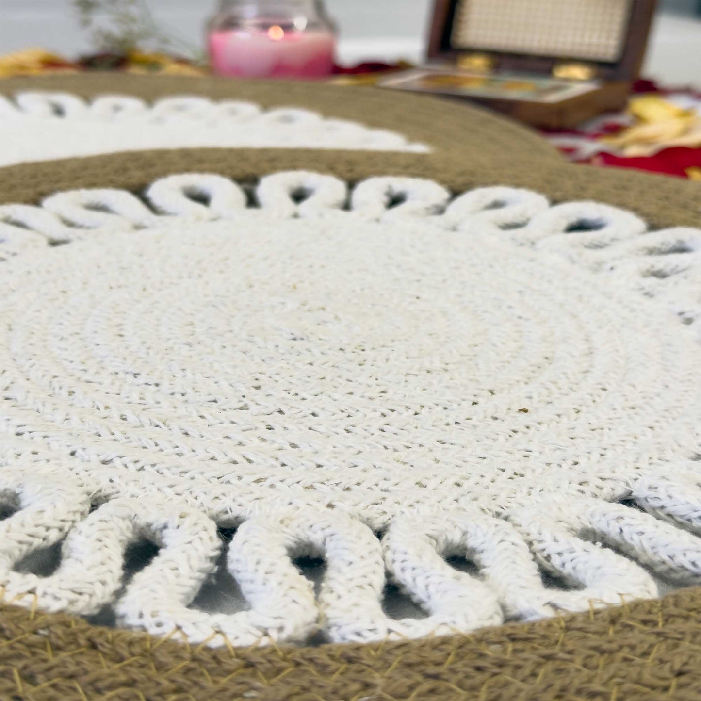 White Centered Flower Jute Table Placemat (Pack of 2) – Eco-Friendly and Stylish