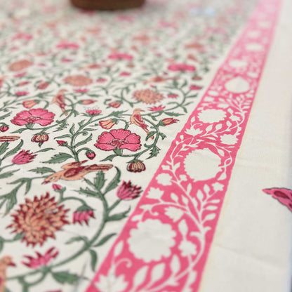 Pink Lotus Hand Block Table Cover – 60 x 90 Inches for 6-Seater Dining Tables