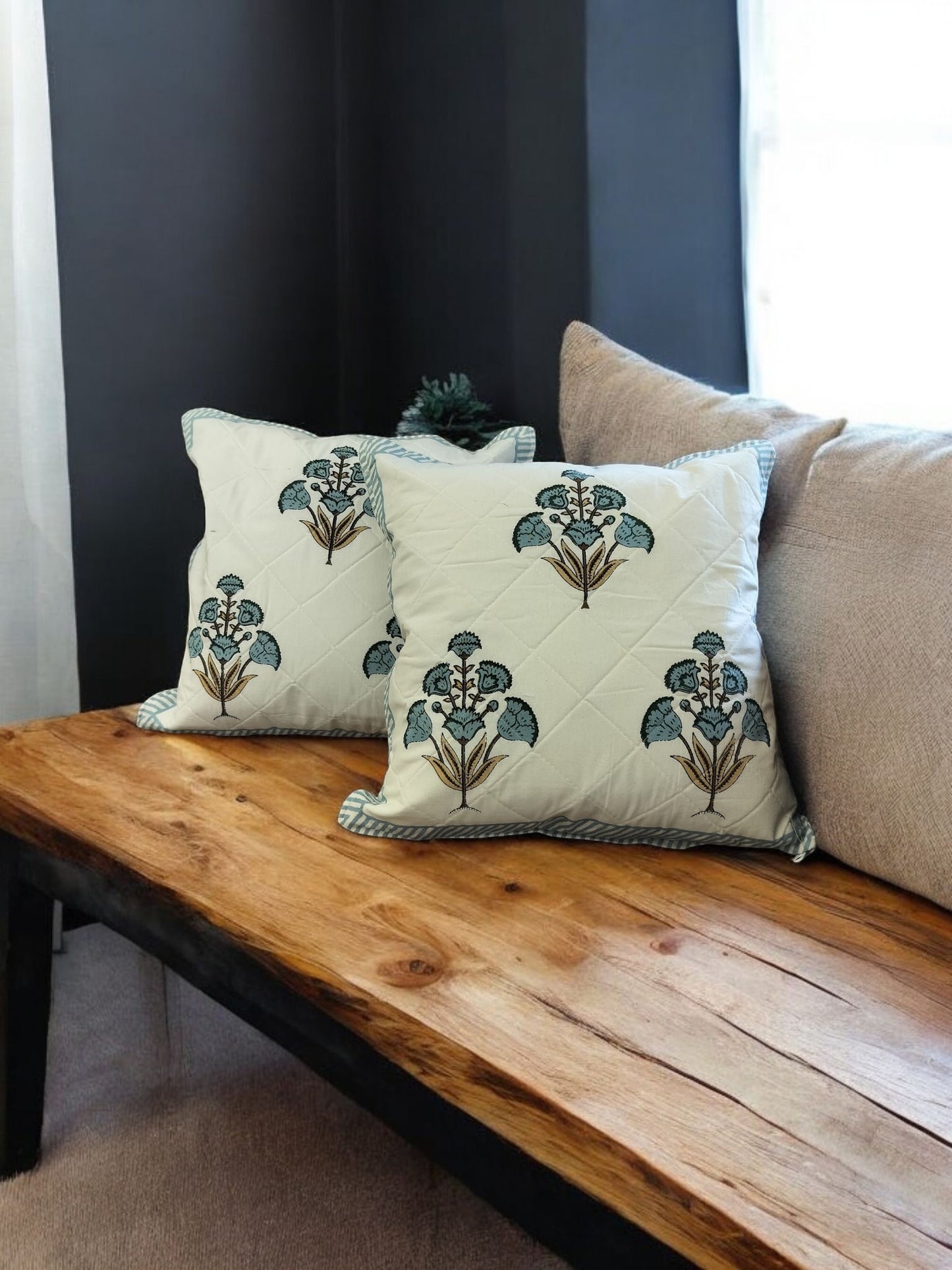 White Blue Quilted Handblock Printed Cushion Covers
