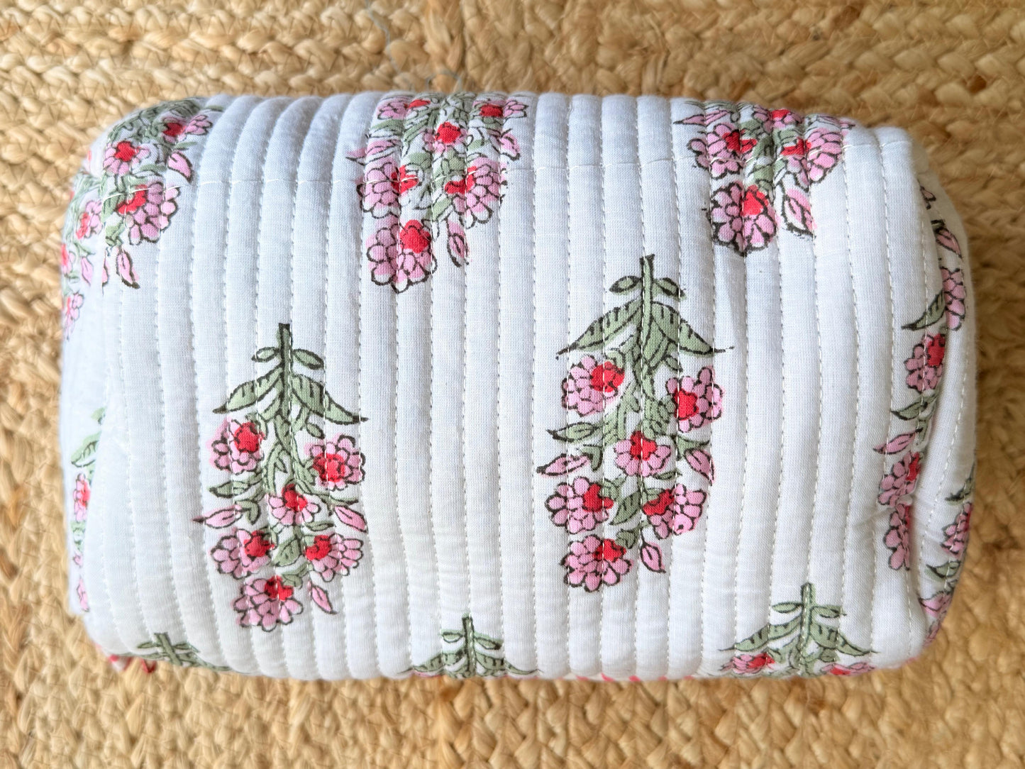Pink and White Floral Handblock Organizer Travel Pouch Set of 3