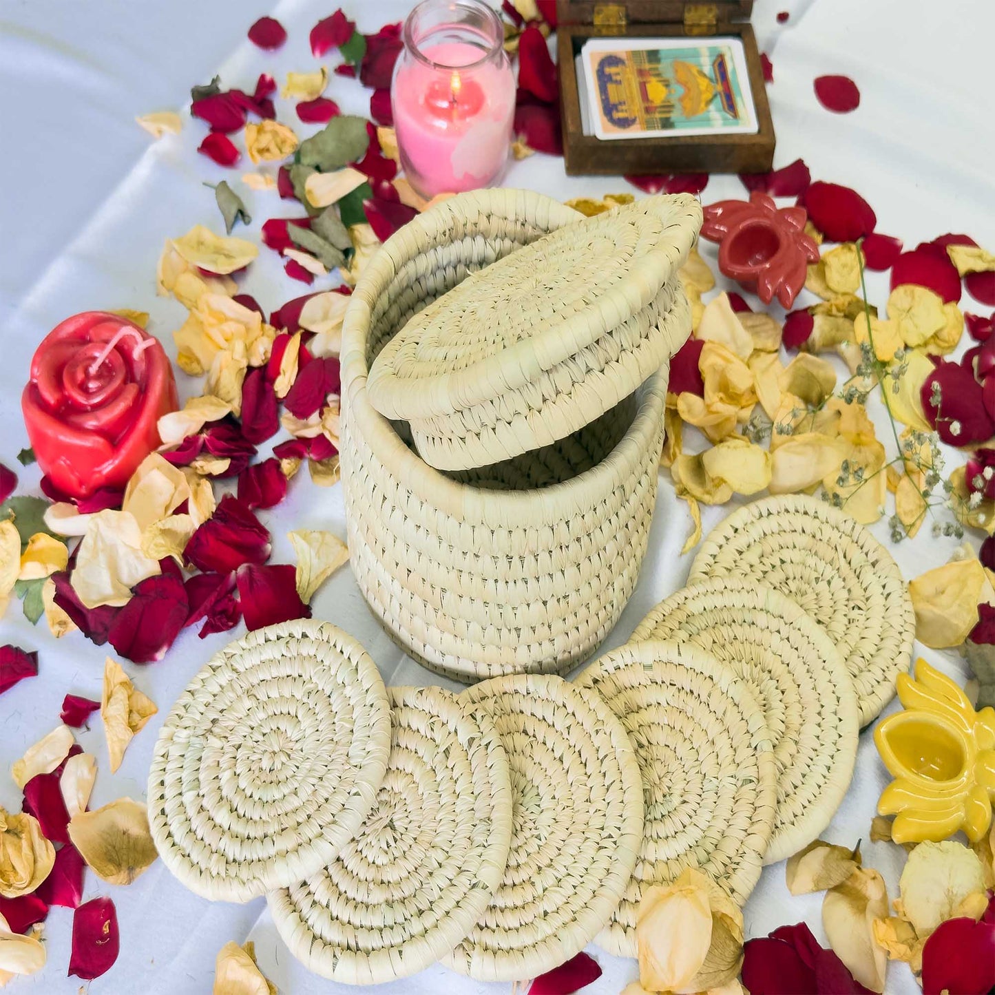 Natural Jute Coaster With Sabai Grass Basket (Set of 6 Coasters +1 Basket)