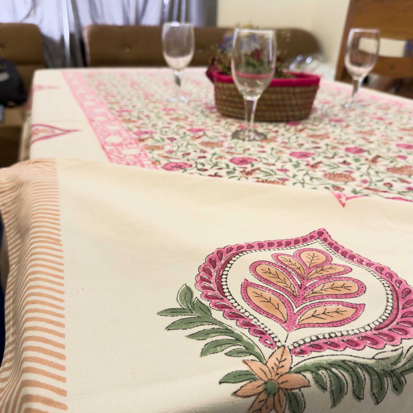 Pink Lotus Hand Block Table Cover – 60 x 90 Inches for 6-Seater Dining Tables