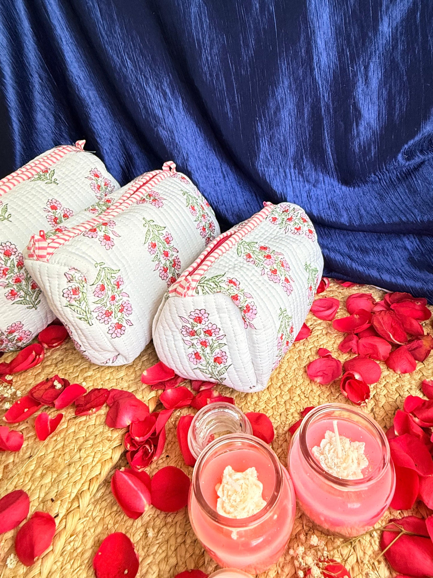 Pink and White Floral Handblock Organizer Travel Pouch Set of 3