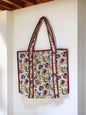 BLOCK N STYLE White Red Floral Cotton Printed Tote Bag – Hand Block Quilted Floral Carry Bag for Women