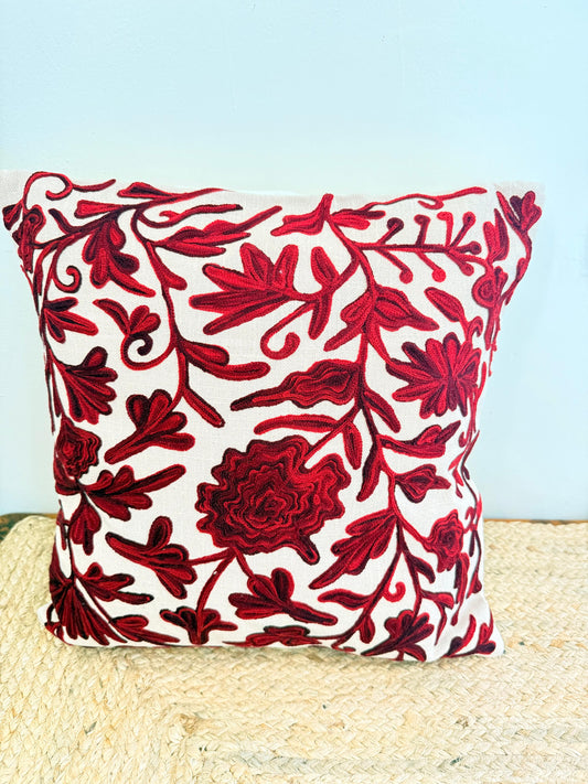 Red Kashmiri Embroidery Cushion Cover – Handcrafted Elegant Home Décor Accent