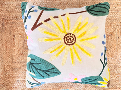 Yellow Flower Embroidery Decorative Cushion Cover – Premium Jute Throw Pillow Cover