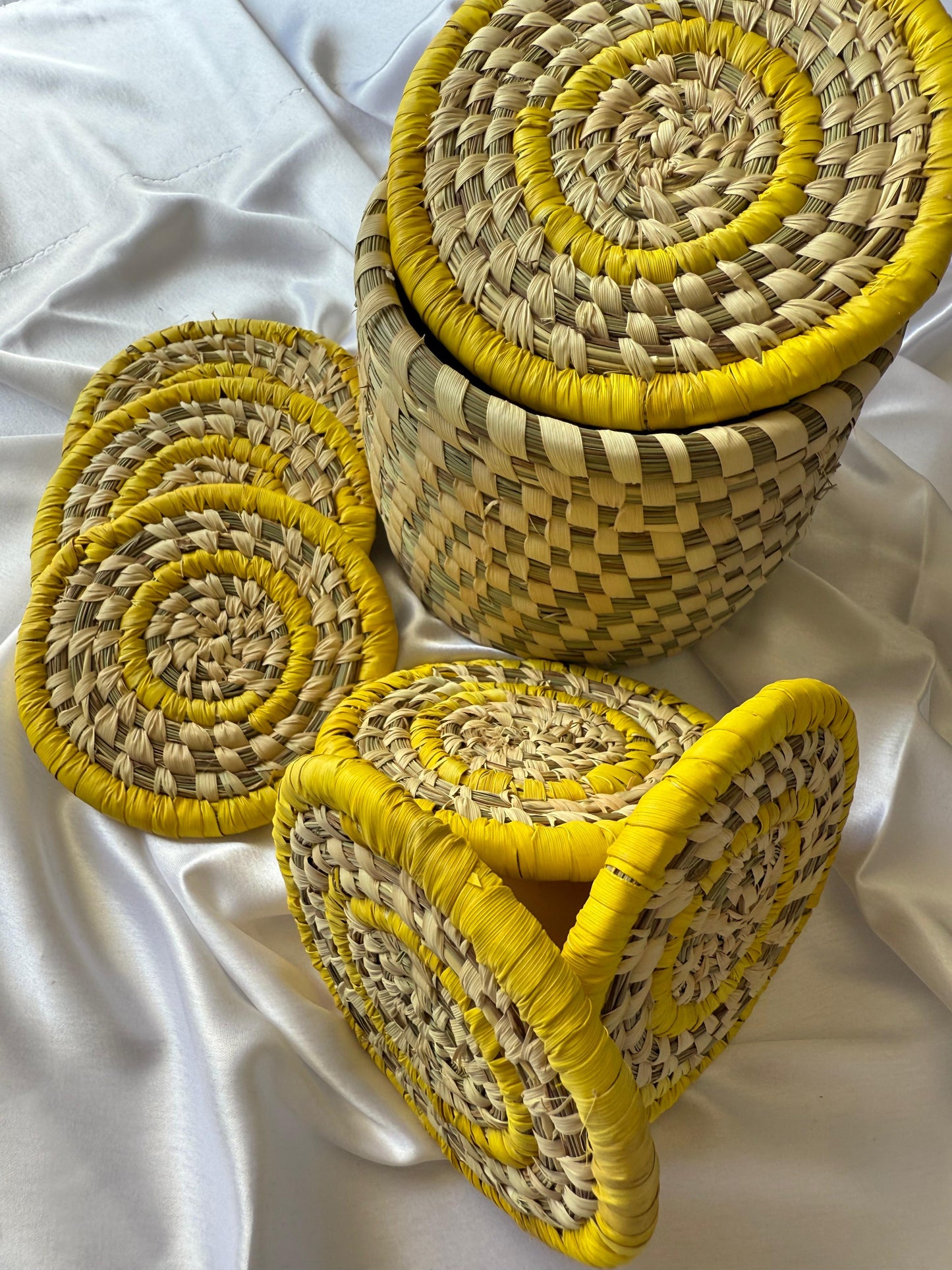 Yellow Handcrafted Jute Coasters With Sabai Grass Basket (SET OF 6 COASTERS + 1 BASKET)