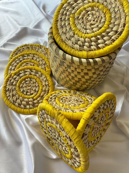 Yellow Handcrafted Jute Coasters With Sabai Grass Basket (SET OF 6 COASTERS + 1 BASKET)