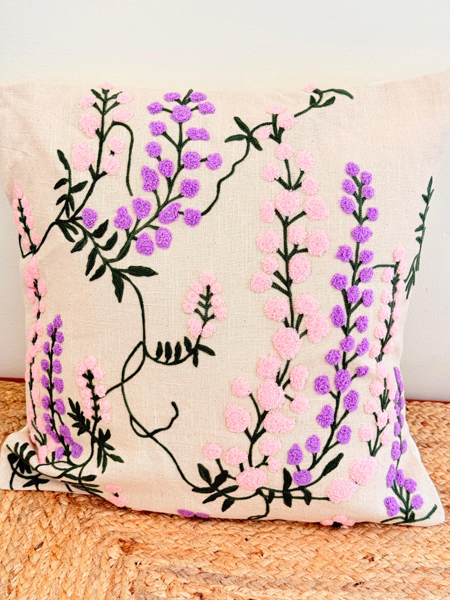 Pastel Purple Pink Embroidered Cushion Cover – Elegant Handcrafted Home Décor