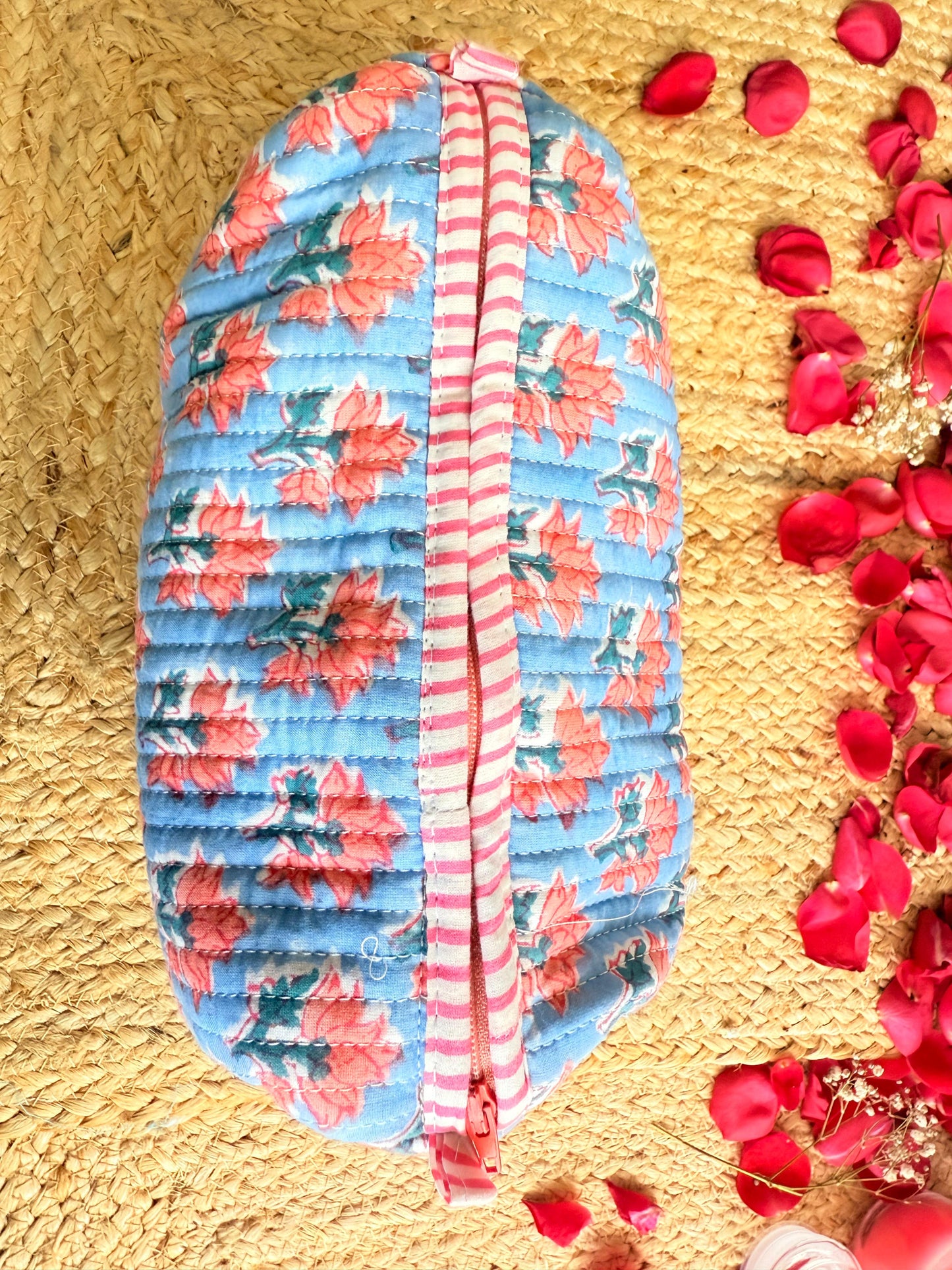 Premium Blue Red Floral Handblock Travel  Pouch Organizer  Set of 3
