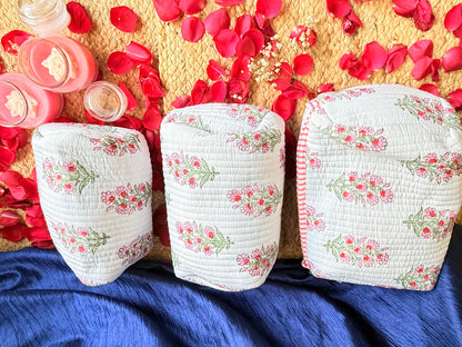 Pink and White Floral Handblock Organizer Travel Pouch Set of 3