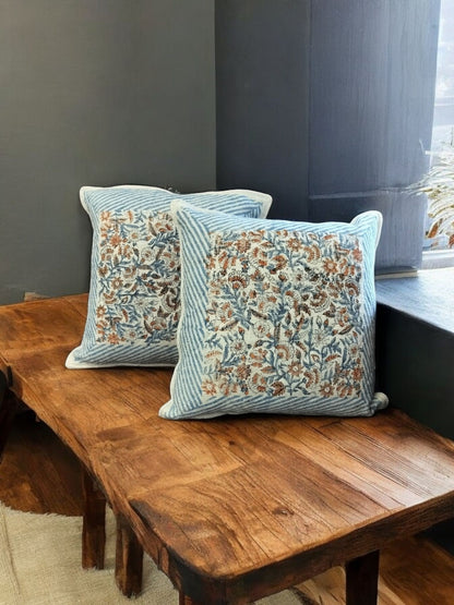Jute Cushion Cover Set of 2 (Blue and White with Floral Orange)