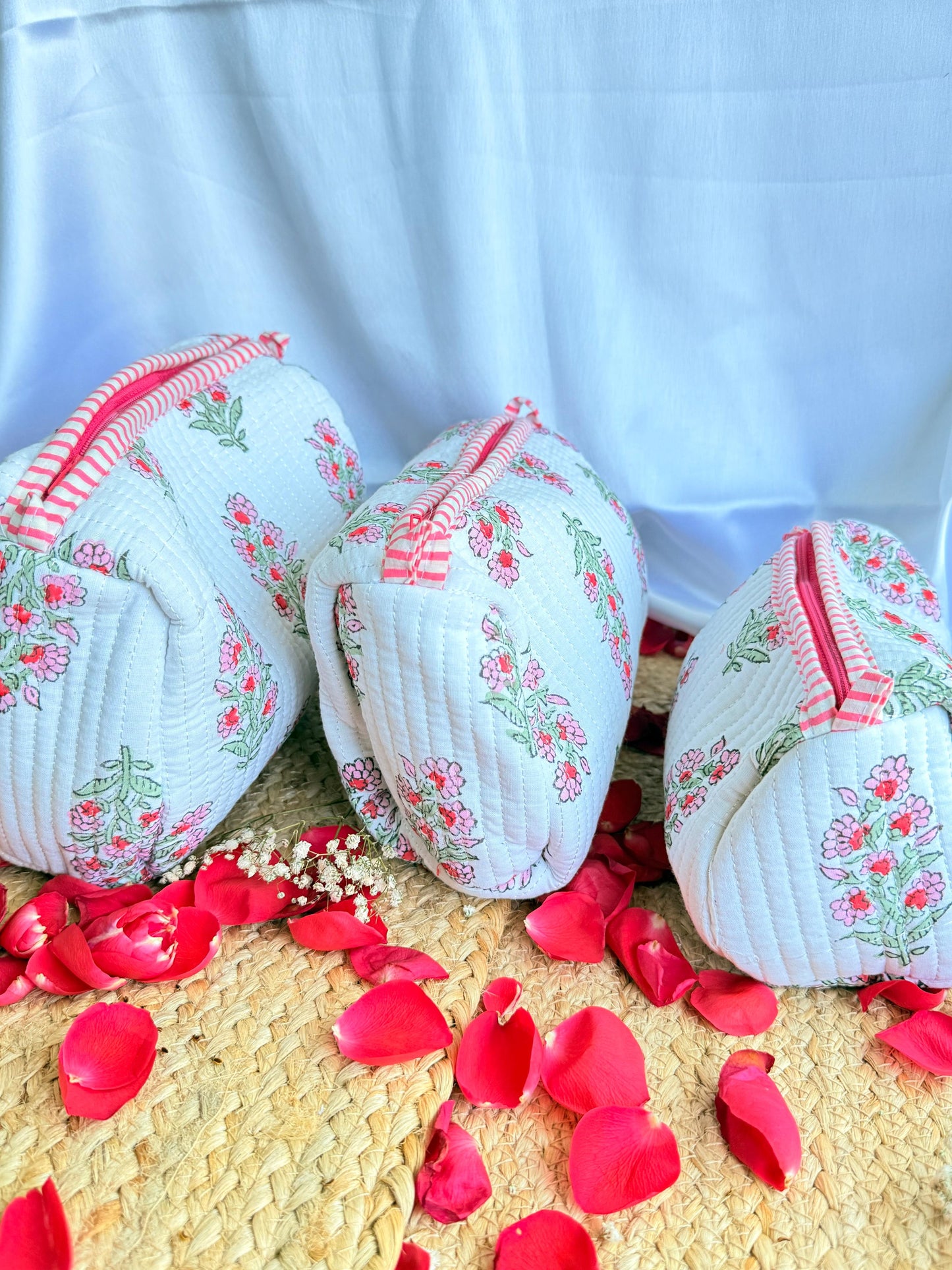 Pink and White Floral Handblock Organizer Travel Pouch Set of 3