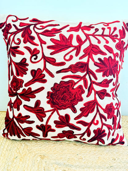 Red Kashmiri Embroidery Cushion Cover – Handcrafted Elegant Home Décor Accent