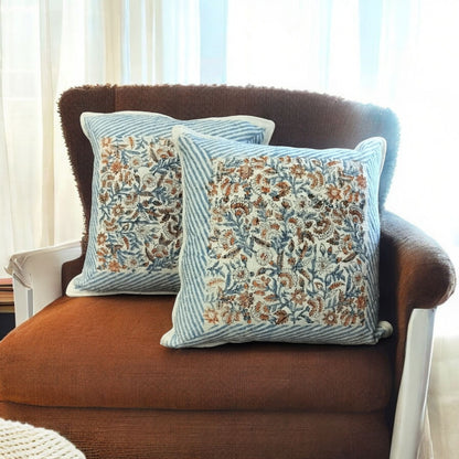 Jute Cushion Cover Set of 2 (Blue and White with Floral Orange)