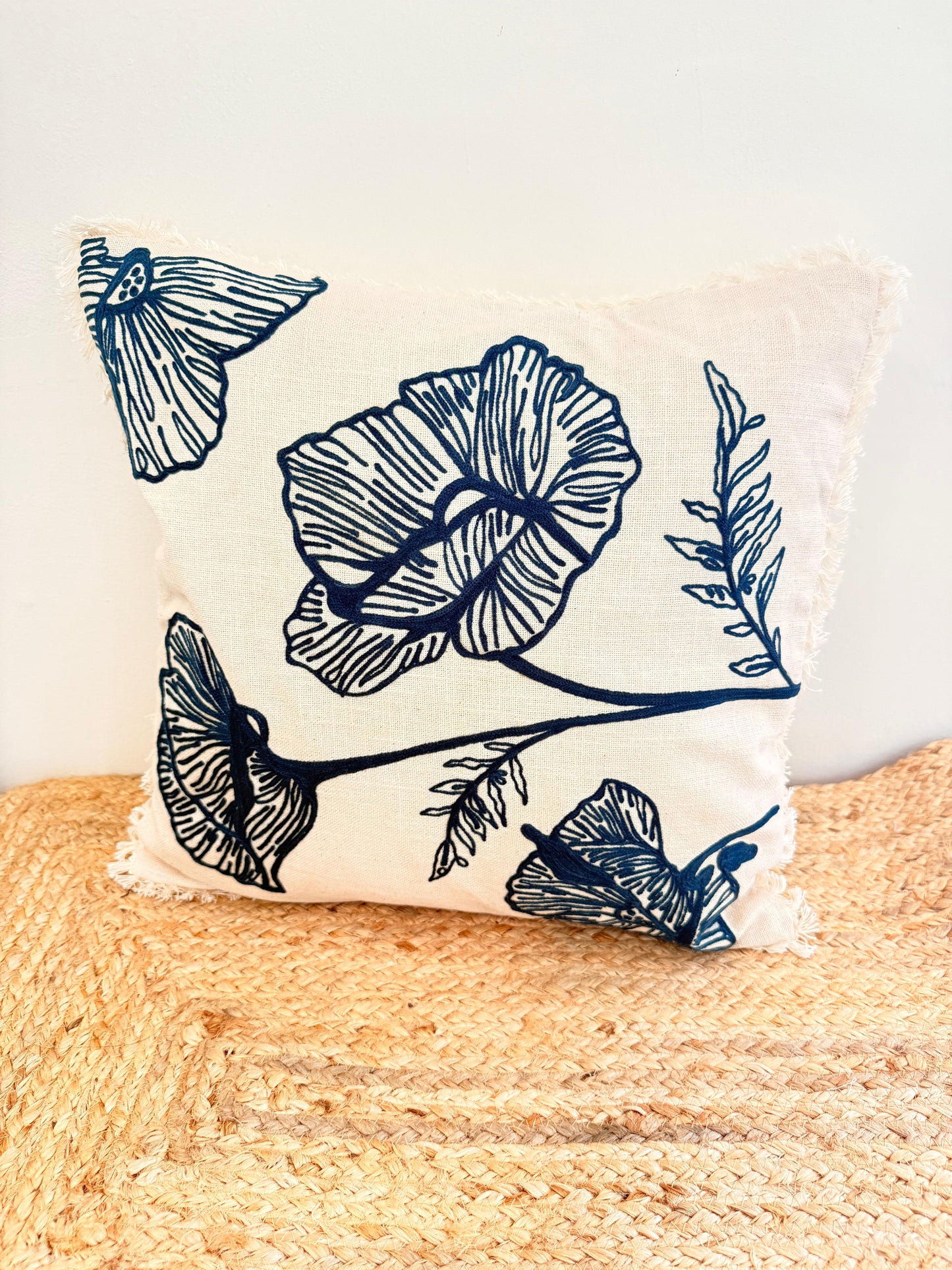 Blue Embroidery Frill Cushion Cover – Handcrafted Decorative Pillow Cover with Elegant FrillsBlue