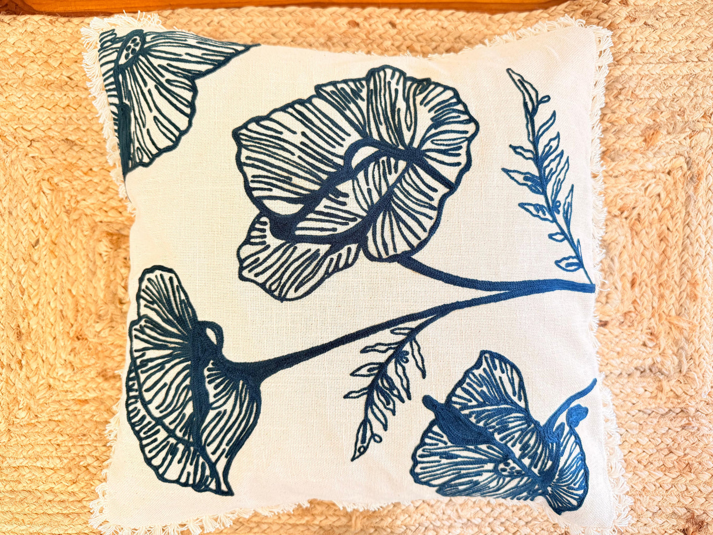 Blue Embroidery Frill Cushion Cover – Handcrafted Decorative Pillow Cover with Elegant FrillsBlue