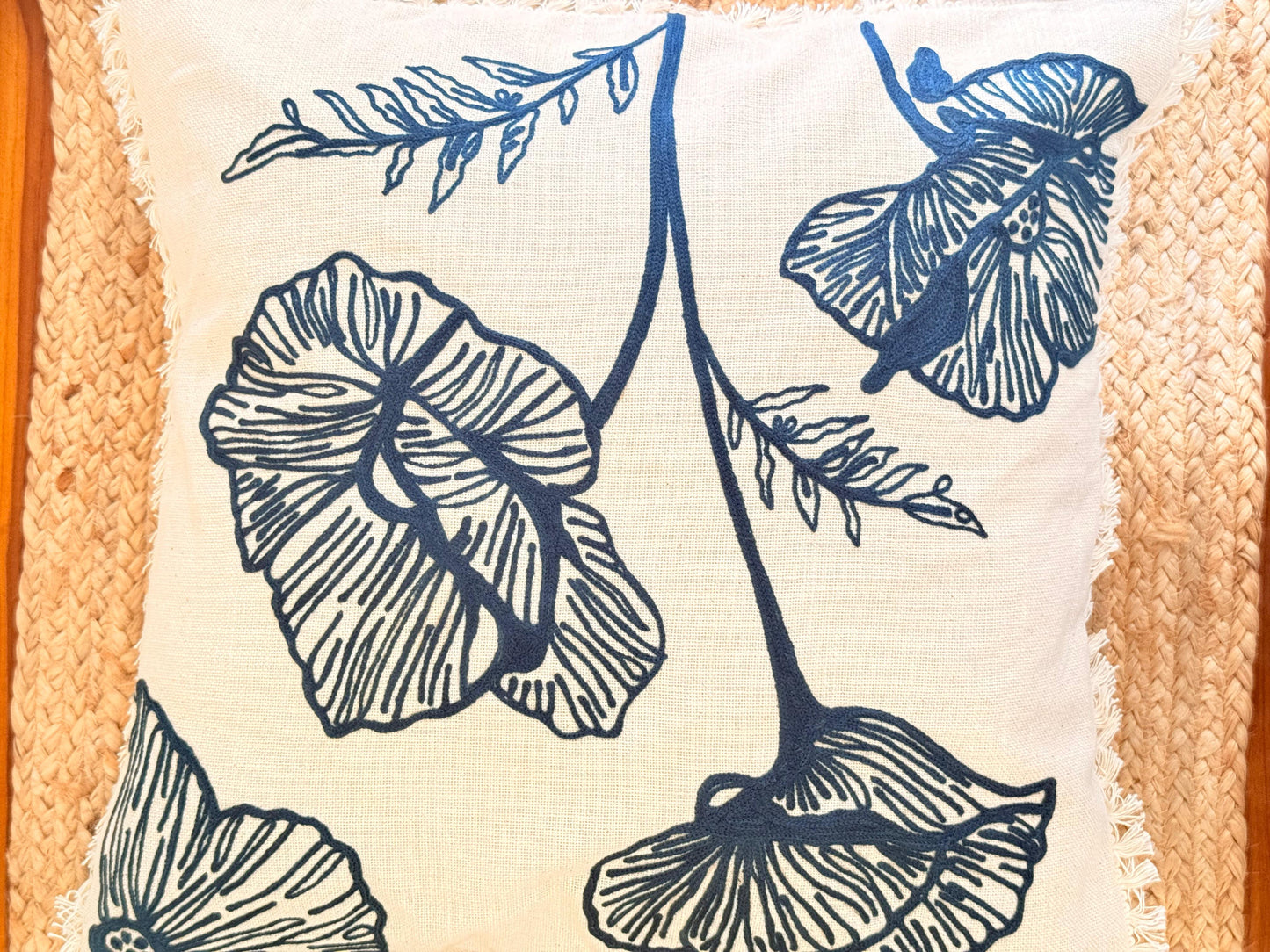 Blue Embroidery Frill Cushion Cover – Handcrafted Decorative Pillow Cover with Elegant FrillsBlue