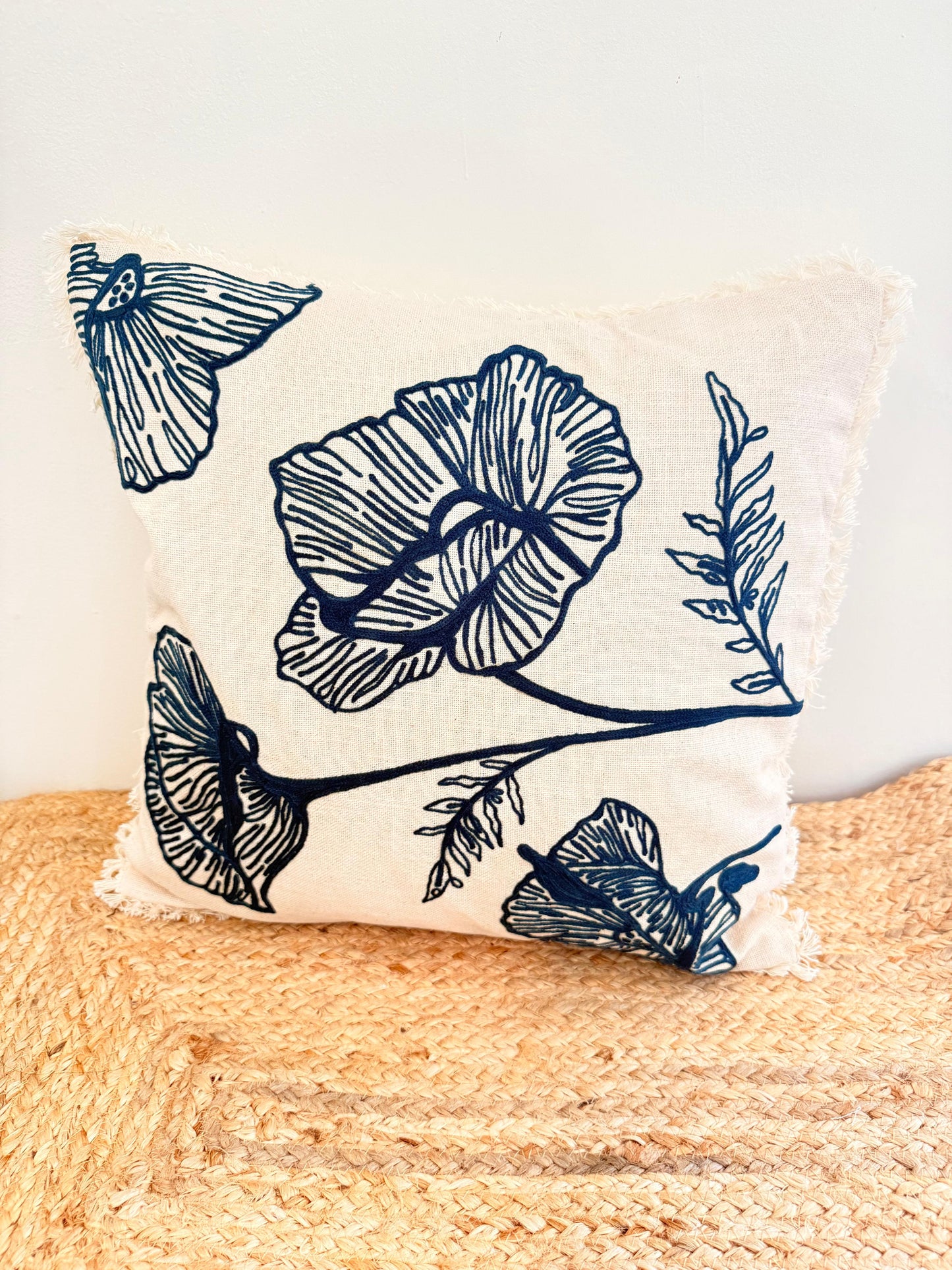 Blue Embroidery Frill Cushion Cover – Handcrafted Decorative Pillow Cover with Elegant FrillsBlue