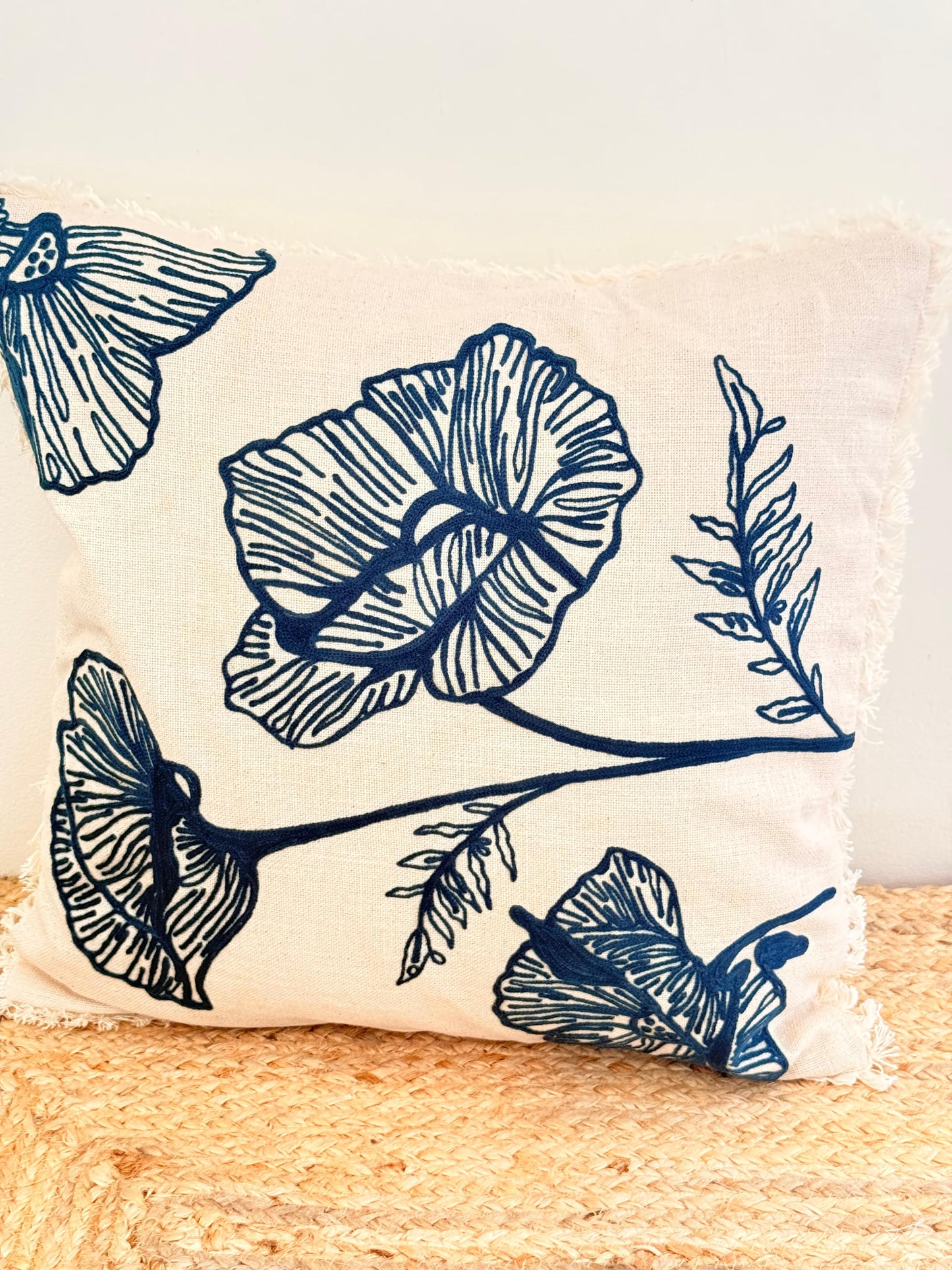 Blue Embroidery Frill Cushion Cover – Handcrafted Decorative Pillow Cover with Elegant FrillsBlue