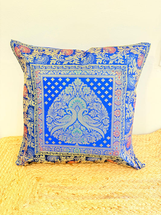 Blue Banarasi Silk Festive Cushion Cover – Luxurious Decorative Pillow Cover for Festive Décor