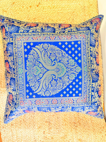 Blue Banarasi Silk Festive Cushion Cover – Luxurious Decorative Pillow Cover for Festive Décor (Copy)