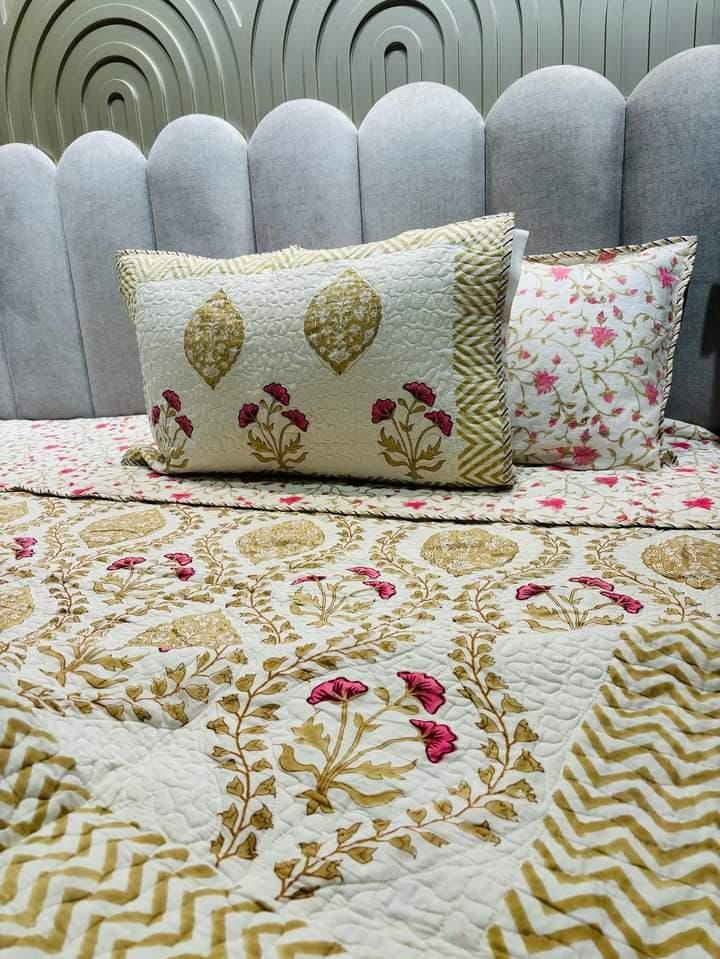 Brown Wave Handblock Quilted Reversible Bedcover with 2 Pillow Covers – Elegant and Eco-Friendly Bedroom Décor